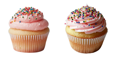Poster - Vanilla cupcake with a generous helping of pink frosting and a variety of colorful sprinkles, demonstrating a soft and airy texture, paired with a bright and cheerful decoration, isolated on a