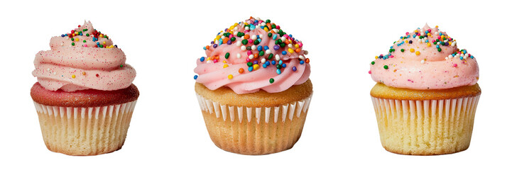 Poster - This vanilla cupcake features a pink icing topping, colorful sprinkles, and a notably soft and fluffy texture, accompanied by vibrant decorations, isolated on a transparent png background