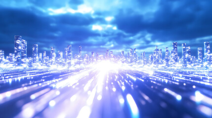 Poster - Futuristic cityscape illuminated by blue lights and dramatic clouds