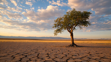 Poster - Lonely tree on cracked earth under a dramatic sky