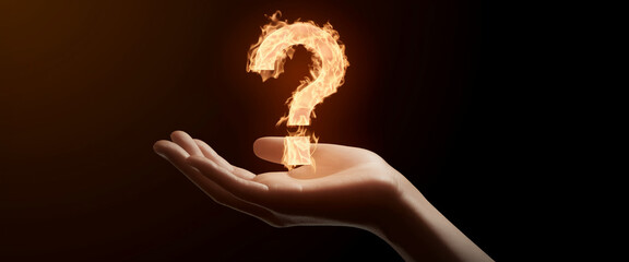 Poster - A fiery large question mark rests gently on an open palm, suggesting burning questions and seeking answers, a concept of curiosity and enigma