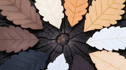 Poster - Colorful leaves arranged in a circular pattern on a dark background