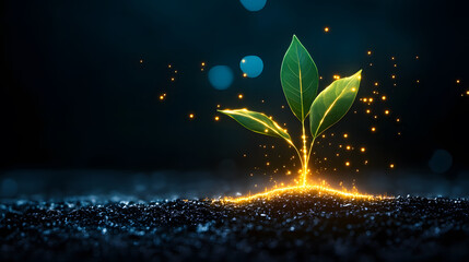 Poster - Green plant sprouting with glowing particles in a dark background