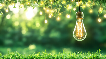 Poster - Glowing light bulb surrounded by green foliage and soft lighting