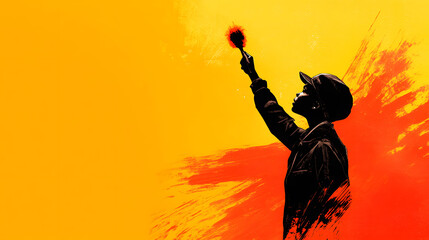 Poster - A silhouette of a person painting against a vibrant yellow and red background