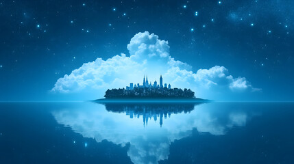 Poster - Dreamy cityscape reflected on calm water under a starry night sky