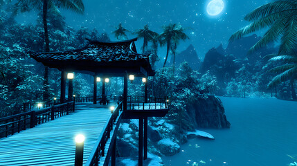Aufkleber - Serene night scene of a bridge by a river under moonlight