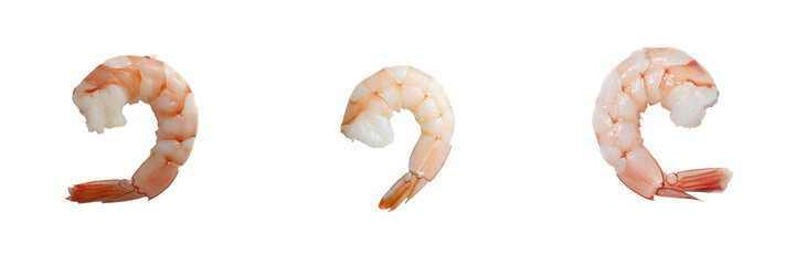 Poster - The partially peeled shell of the cooked shrimp reveals its white and orange texture, isolated on a transparent background in png, ideal for use in culinary and seafood-related designs