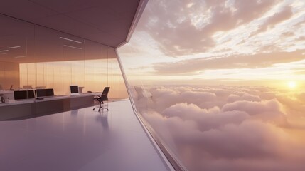 Poster - Modern Office Space with Floor-to-Ceiling Windows Overlooking Clouds