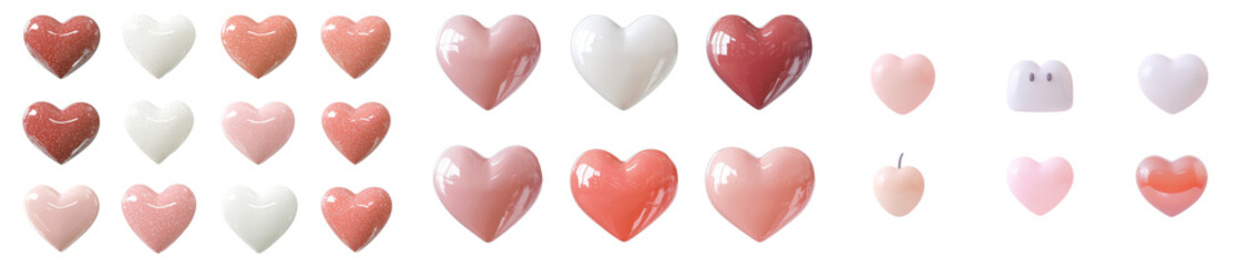 Aufkleber - Valentine's Day decoration concepts are enhanced by a collection of 3D heart icons isolated on white, serving as symbols of love, happiness, or liking, and resembling cute emojis