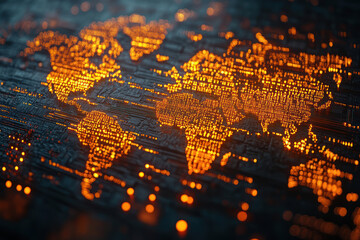 Poster - a digital world map created from a multitude of glowing dots and lines resembling the structure of a microchip. 
