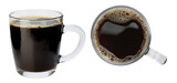 Black Americano coffee in a transparent glass mug side view and view from above isolated clipping path on white background.