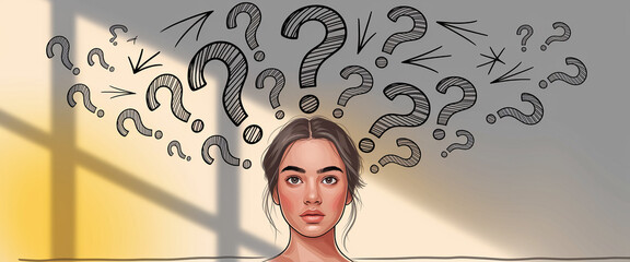 Poster - Illustration of a woman with large question marks above her head, depicting uncertainty or contemplation, suitable for websites or articles about decision-making, problem-solving, or similar concepts