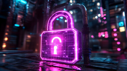 Poster - Futuristic padlock in neon city