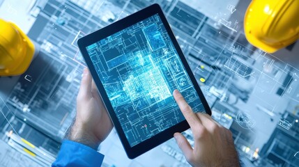 Poster - Engineers using augmented reality tablets to visualize a construction site