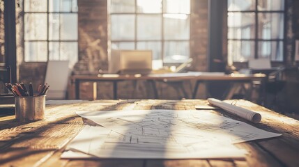 Poster - Bright Sunlight Illuminates Workspace with Architectural Blueprints