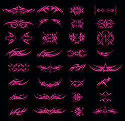 Aufkleber - Detailed vector illustrations showcase a collection of tribal designs in vibrant pink against a solid black background. Ideal for artistic and design purposes throughout various projects.