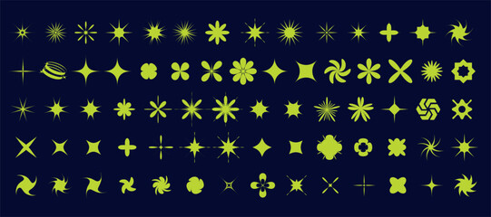 Poster - A collection of unique starburst and decorative shapes is displayed in bright colors against a dark backdrop. The design includes 