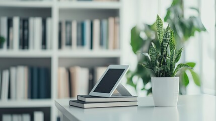 Poster - Modern Workspace with Tablet, Books, and Green Plant Decor