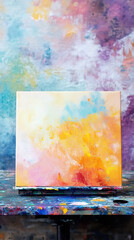 Poster - Vibrant abstract artwork hanging in sunlit studio, showcasing dynamic color blending and artistic exploration on canvas