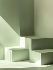 Poster - Modern geometric shapes in soft green tones creating a minimalist aesthetic in a tranquil interior space illuminated by natural light