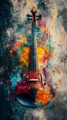 Aufkleber - Colorful violin hangs on a splattered wall, creating a vibrant blend of music and artistic expression