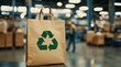 © SSTC AI Photo&Video - Eco-Friendly Delivery: A brown paper bag with the universal recycling symbol stands prominently in an industrial setting, symbolizing sustainability and environmentally conscious practices.