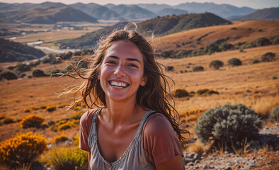 Aufkleber - Woman with long hair is smiling in a field. Scene is happy and carefree