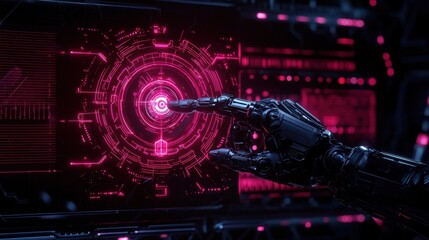 Poster - AI-powered robotic hand touching a glowing holographic interface, futuristic technology concept