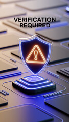 Poster - Neon shield icon with exclamation mark on layered platform, signifying verification need, security, or warning.  Digital, tech concept. Text 
