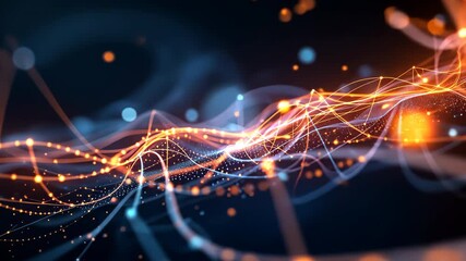 Poster - Abstract digital data stream with glowing orange and blue lines, bokeh effect, and interconnected networks.