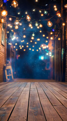 Aufkleber - Empty wooden planks under string lights illuminating alley at night, creating a cozy and festive atmosphere