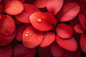 Wall Mural - Vibrant Red Leaves with Dew Drops - Autumn Nature Photography for Print or Poster