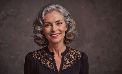 Poster - Woman with a lace collar on her dress is smiling. She looks happy and content. Concept of warmth and positivity