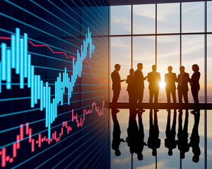 Poster - Silhouetted businesspeople confer near a large screen displaying a financial chart, showcasing a business meeting, strategy, and market analysis concept