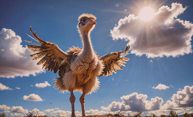 Aufkleber - Baby ostrich with its wings spread out in the sun. Concept of freedom and joy as the young bird stands tall and proud in the open sky