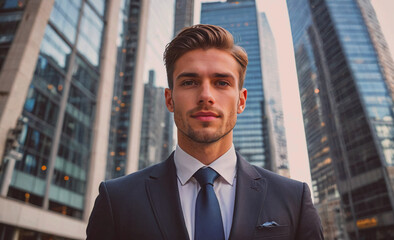 Poster - Man in a suit and tie stands in front of a tall building. He is smiling and looking directly at the camera