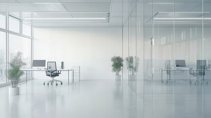 Poster - Modern Minimalist Office Space with Glass Walls and Green Plants