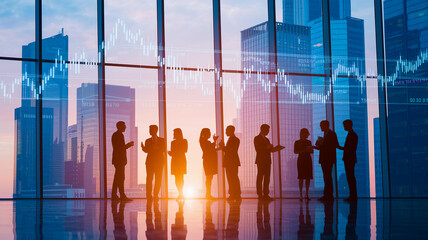 Poster - Silhouettes of businesspeople conversing against a cityscape backdrop, with overlaid stock market graphs, showcasing collaboration, financial analysis, and urban business environments