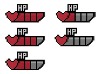 pixel heart hp bar, health bar levels, game ui, pixel art, retro gaming, hp indicator, life gauge, v