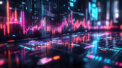Poster - a vibrant digital visualization of data, featuring colorful waveforms and graphs, representing techn