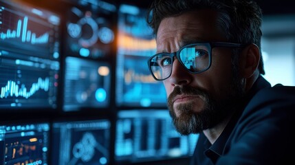 Poster - a focused individual wearing glasses analyzes complex data on multiple screens in a dimly lit enviro