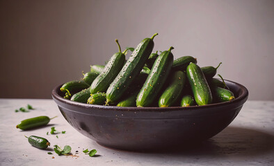 Poster - Bowl of cucumbers is sitting on a table. The cucumbers are green and have a few seeds on them