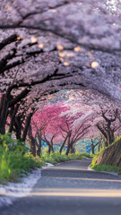 Aufkleber - Pink and white cherry blossom trees arch over a road, creating a tunnel effect, symbolizing spring, beauty, and tranquility