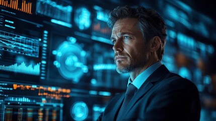 Poster - a focused man in a suit analyzes data on a futuristic digital interface illuminated in blue tones.