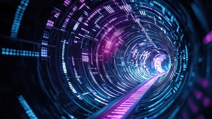 Poster - Blue and purple glowing futuristic tunnel with digital grid patterns, sci-fi cyber background