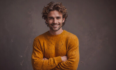 Poster - Man in a yellow sweater is smiling and looking at the camera. He is wearing a sweater with a pattern and he is posing for a photo