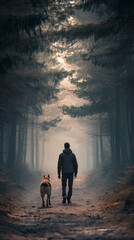Poster - Sunrise filtering through misty forest, man walking companionably with golden retriever along peaceful woodland trail