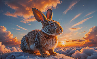 Poster - Rabbit is sitting on a snowy hill with a beautiful sunset in the background. The rabbit is looking up at the sky, possibly admiring the view or waiting for something. Concept of peace and tranquility