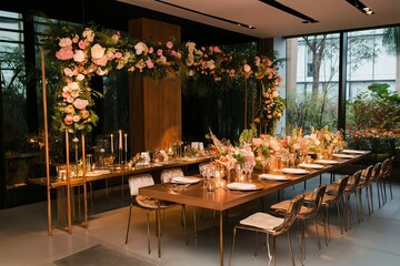 elegant setup featuring art deco gold wedding border and bride's table adorned with lush floral arra